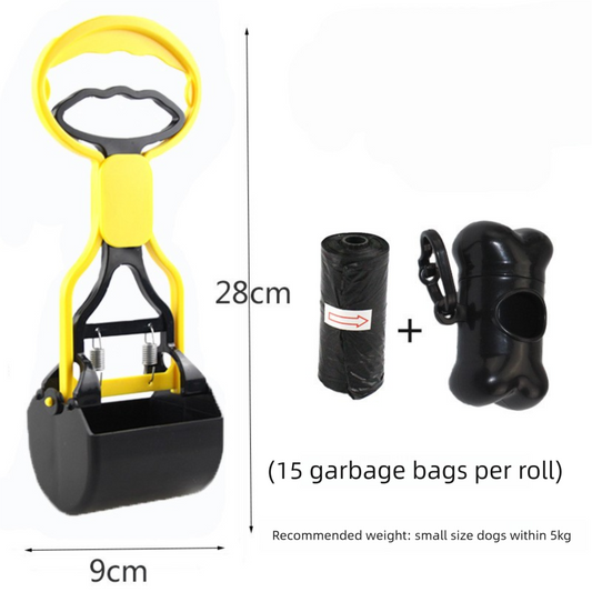Portable Pet Pooper Scooper 28cm Handheld Dog Waste Jaw Claw Picker with Bone Dispenser & Waste Bags Yellow.