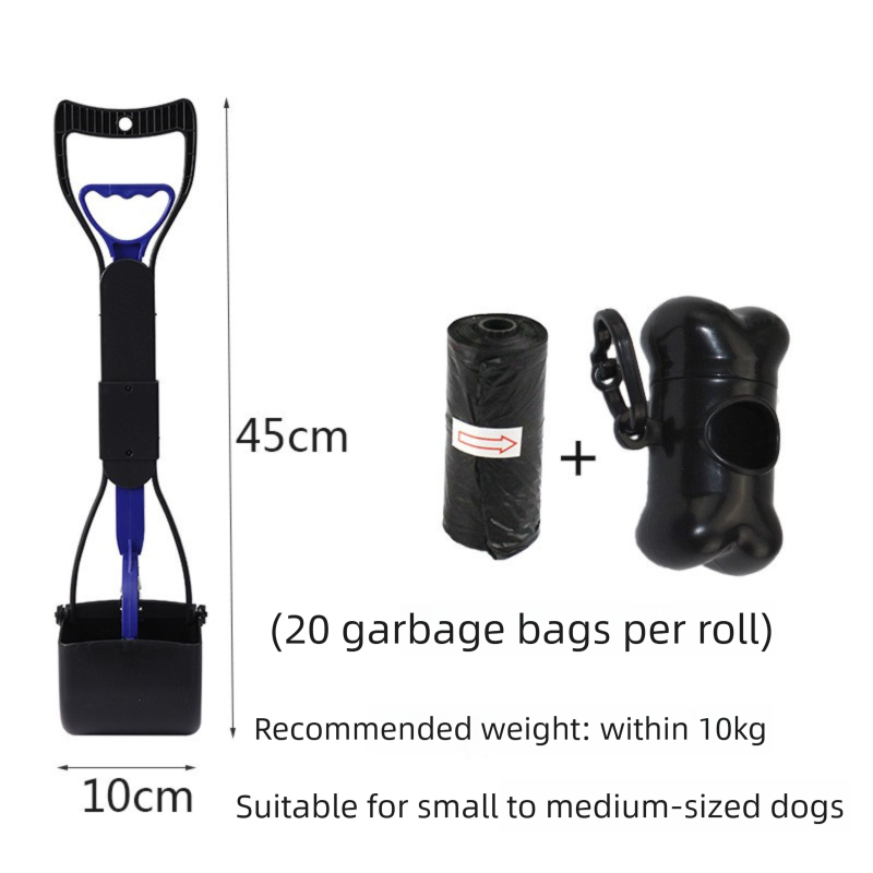 Medium Foldable Pet Pooper Scooper 45cm Portable Dog Waste Jaw Clamp with Bone Dispenser & 20 Bags Blue.