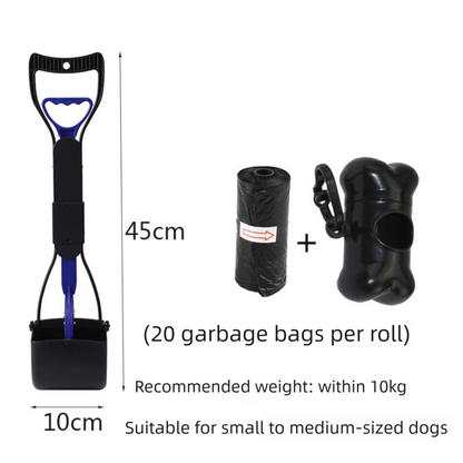 Medium Foldable Pet Pooper Scooper 45cm Portable Dog Waste Jaw Clamp with Bone Dispenser & 20 Bags Blue.