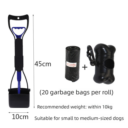 Medium Foldable Pet Pooper Scooper 45cm Portable Dog Waste Jaw Clamp with Bone Dispenser & 20 Bags Blue.