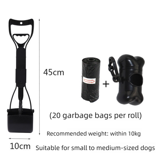Medium Foldable Pet Pooper Scooper 45cm Portable Dog Waste Jaw Clamp with Bone Dispenser & 20 Bags Black.