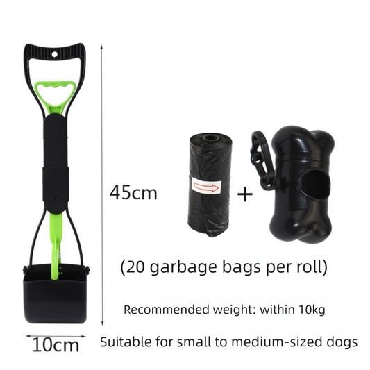 Medium Foldable Pet Pooper Scooper 45cm Portable Dog Waste Jaw Clamp with Bone Dispenser & 20 Bags Green.
