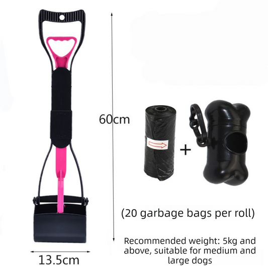 Large Foldable Pet Pooper Scooper 60cm Long Handle Dog Waste Picker Jaw Clamp with Bone Dispenser & Bags Pink.