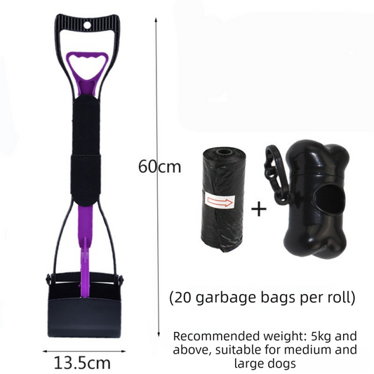 Large Foldable Pet Pooper Scooper 60cm Long Handle Dog Waste Picker Jaw Clamp with Bone Dispenser & Bags Purple.