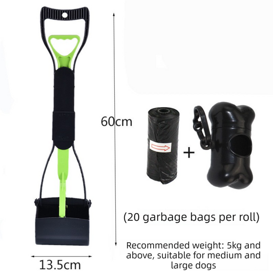 Large Foldable Pet Pooper Scooper 60cm Long Handle Dog Waste Picker Jaw Clamp with Bone Dispenser & Bags Green.
