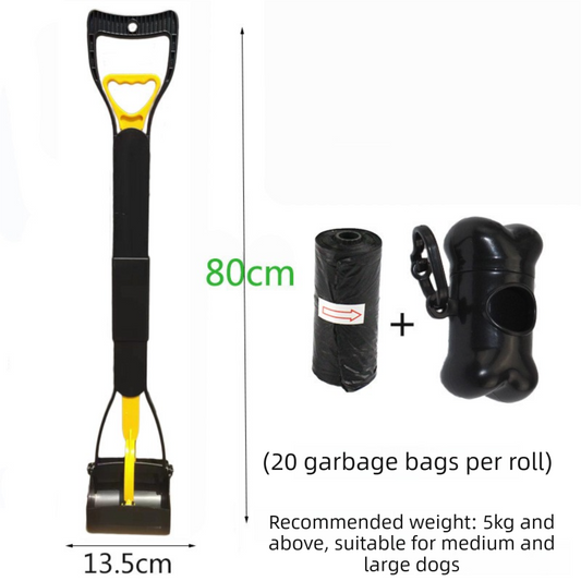 Super Long 80cm Foldable Pet Pooper Scooper Heavy Duty Dog Waste Picker No Bending Jaw Clamp with Dispenser & Bags Yellow.