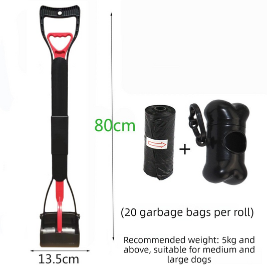 Super Long 80cm Foldable Pet Pooper Scooper Heavy Duty Dog Waste Picker No Bending Jaw Clamp with Dispenser & Bags Red.