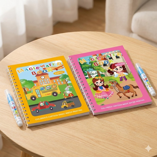 2 PCS Magic Water Colouring Book Traffic & Princess Themes Reusable Painting Activity Set Mess Free Travel Toy for Kids.