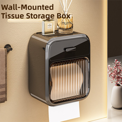 Black No-Drill Wall Mounted Toilet Paper Holder with Storage Shelf and Drawer - Waterproof Bathroom Tissue Dispenser for Roll & Face Tissue