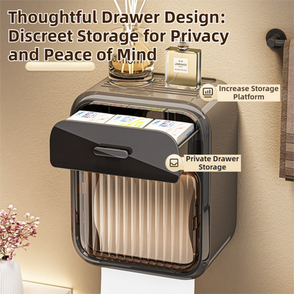 Black No-Drill Wall Mounted Toilet Paper Holder with Storage Shelf and Drawer - Waterproof Bathroom Tissue Dispenser for Roll & Face Tissue