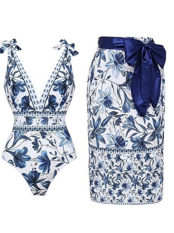 M Size Blue Print Women's Sexy One-Piece Swimsuit Set With Matching Wrap Skirt  - European/American Style Bikini with Built-in Pads