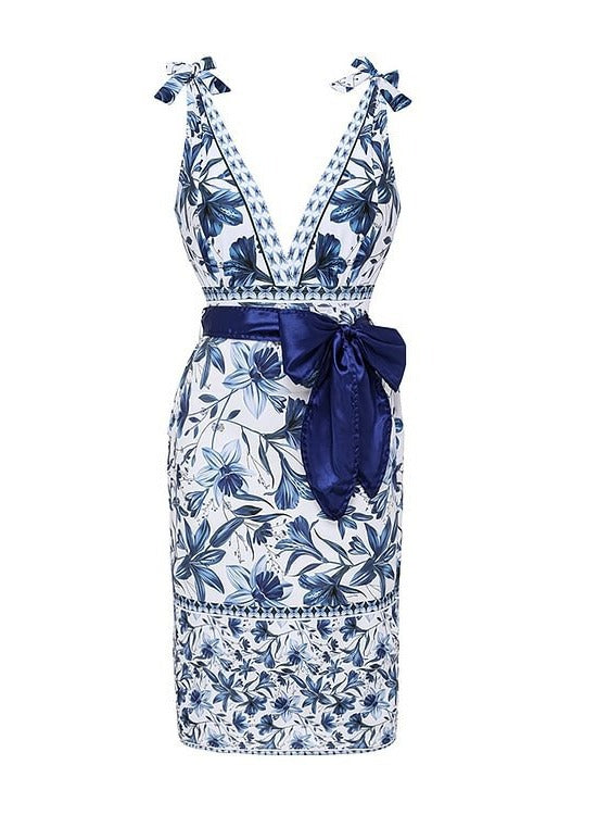 M Size Blue Print Women's Sexy One-Piece Swimsuit Set With Matching Wrap Skirt  - European/American Style Bikini with Built-in Pads