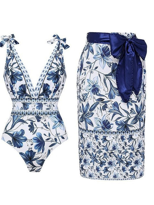 L Size Blue Print Women's Sexy One-Piece Swimsuit Set With Matching Wrap Skirt  - European/American Style Bikini with Built-in Pads