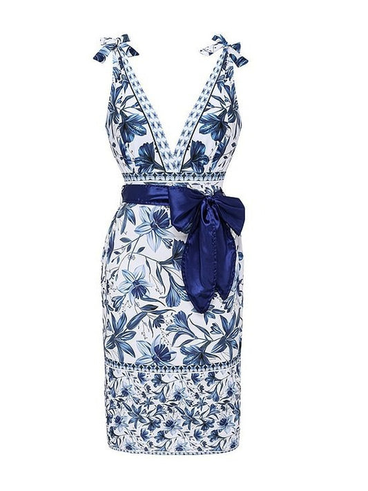 L Size Blue Print Women's Sexy One-Piece Swimsuit Set With Matching Wrap Skirt  - European/American Style Bikini with Built-in Pads