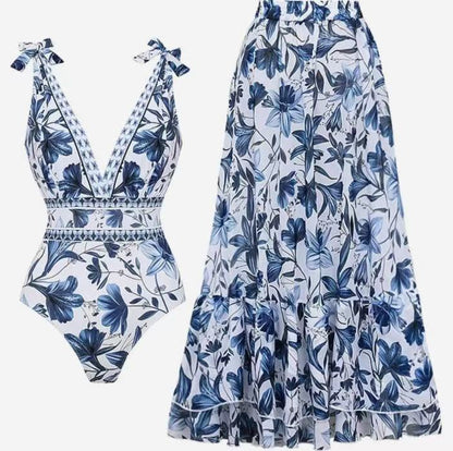 L Size Blue Print Women's Sexy One-Piece Swimsuit Set With Matching Long Dress  - European/American Style Bikini with Built-in Pads
