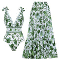 L Size Green Print Women's Sexy One-Piece Swimsuit Set With Matching Long Dress  - European/American Style Bikini with Built-in Pads