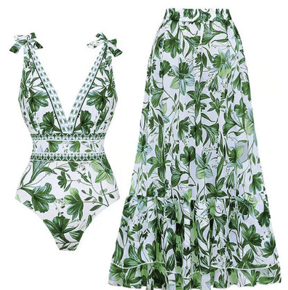 L Size Green Print Women's Sexy One-Piece Swimsuit Set With Matching Long Dress  - European/American Style Bikini with Built-in Pads