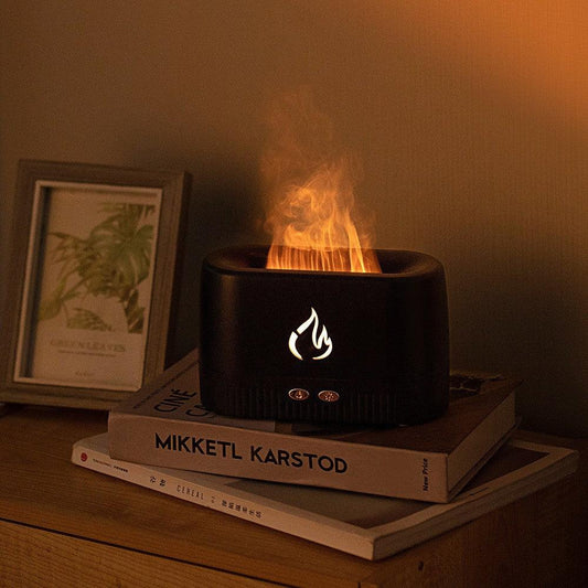 Black 3D Simulation Flame Aroma Diffuser & Humidifier - Ultrasonic Desktop Mister with 7-Color LED Light and Automatic Scent Spray (200ML).