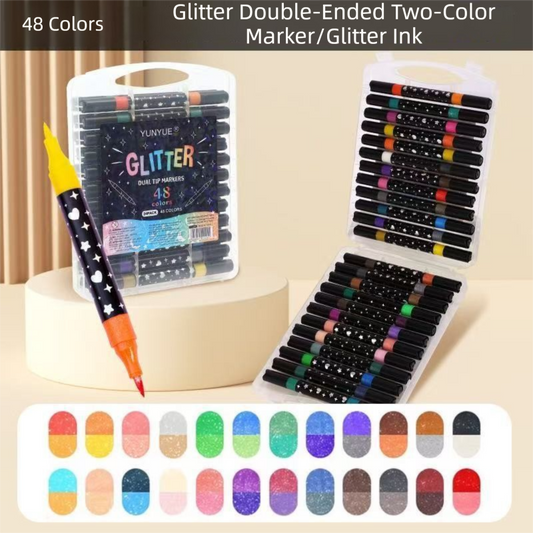 24 Pack Dual-Tip Glitter Flash Marker Pens - 48 Color Soft Brush & Fine Tip Set, Watercolor Drawing Stationery for Art & Craft.