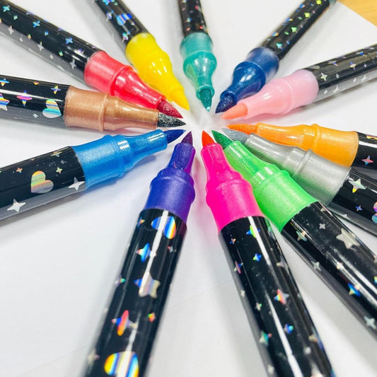 24 Pack Dual-Tip Glitter Flash Marker Pens - 48 Color Soft Brush & Fine Tip Set, Watercolor Drawing Stationery for Art & Craft.
