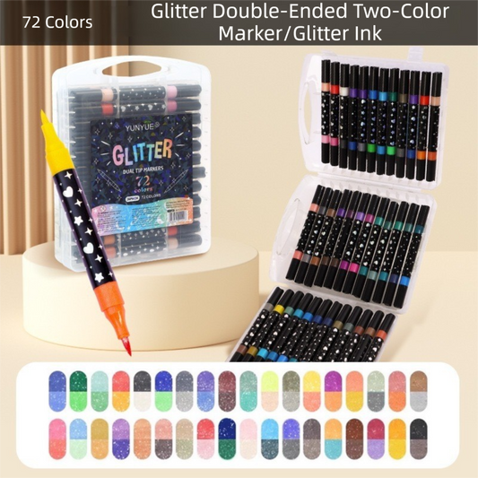 36 Pack Dual-Tip Glitter Flash Marker Pens - 72 Color Soft Brush & Fine Tip Set, Watercolor Drawing Stationery for Art & Craft.