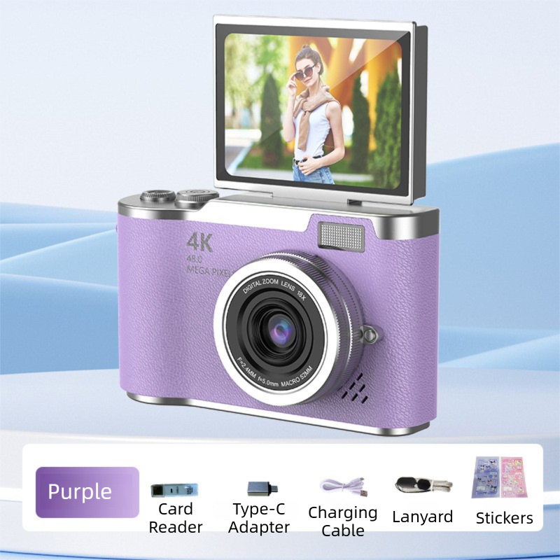 Purple 4K Compact Digital CCD Camera for Vlogging & Students - Portable Point and Shoot with 2.4-inch Rotating Screen, 8X Optical Zoom, and Anti-Shake.