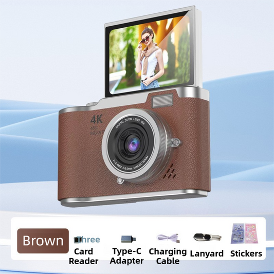Brown 4K Compact Digital CCD Camera for Vlogging & Students - Portable Point and Shoot with 2.4-inch Rotating Screen, 8X Optical Zoom, and Anti-Shake.