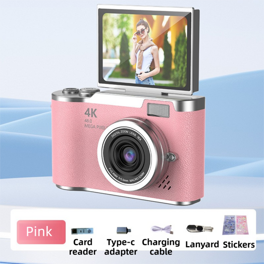 Pink 4K Compact Digital CCD Camera for Vlogging & Students - Portable Point and Shoot with 2.4-inch Rotating Screen, 8X Optical Zoom, and Anti-Shake.