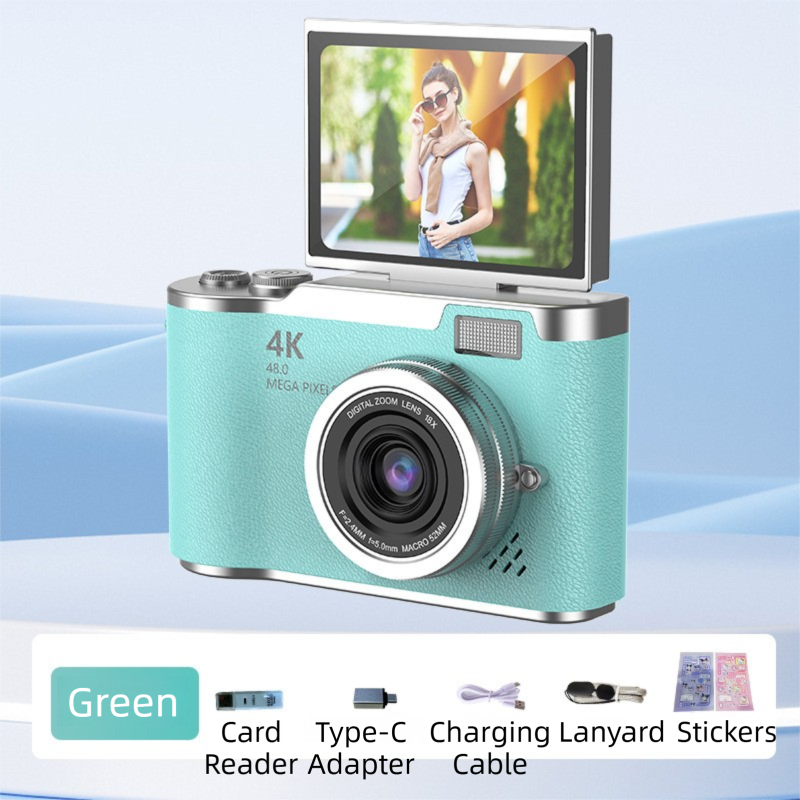 Green 4K Compact Digital CCD Camera for Vlogging & Students - Portable Point and Shoot with 2.4-inch Rotating Screen, 8X Optical Zoom, and Anti-Shake.