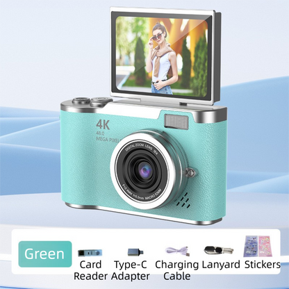 Green 4K Compact Digital CCD Camera for Vlogging & Students - Portable Point and Shoot with 2.4-inch Rotating Screen, 8X Optical Zoom, and Anti-Shake.