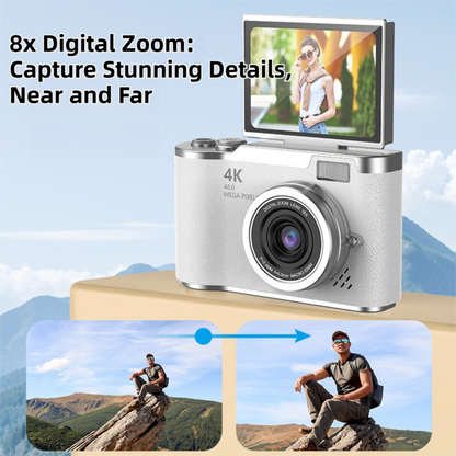 Green 4K Compact Digital CCD Camera for Vlogging & Students - Portable Point and Shoot with 2.4-inch Rotating Screen, 8X Optical Zoom, and Anti-Shake.