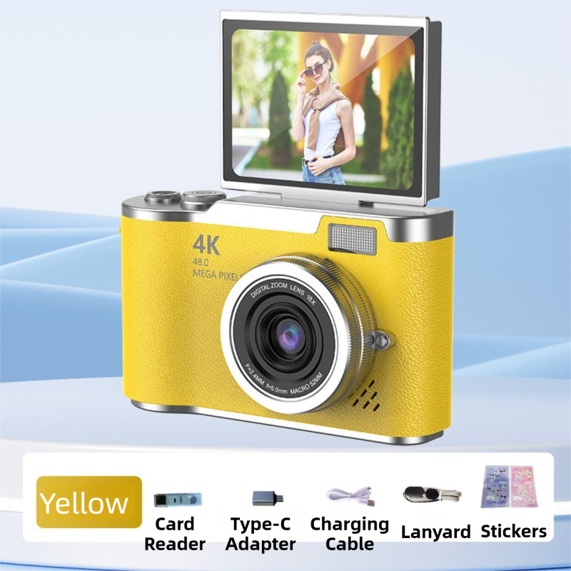 Yellow 4K Compact Digital CCD Camera for Vlogging & Students - Portable Point and Shoot with 2.4-inch Rotating Screen, 8X Optical Zoom, and Anti-Shake.
