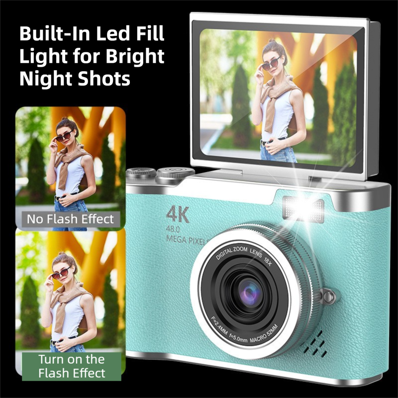 Yellow 4K Compact Digital CCD Camera for Vlogging & Students - Portable Point and Shoot with 2.4-inch Rotating Screen, 8X Optical Zoom, and Anti-Shake.