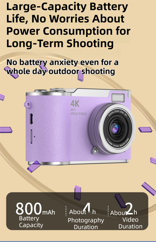 Yellow 4K Compact Digital CCD Camera for Vlogging & Students - Portable Point and Shoot with 2.4-inch Rotating Screen, 8X Optical Zoom, and Anti-Shake.