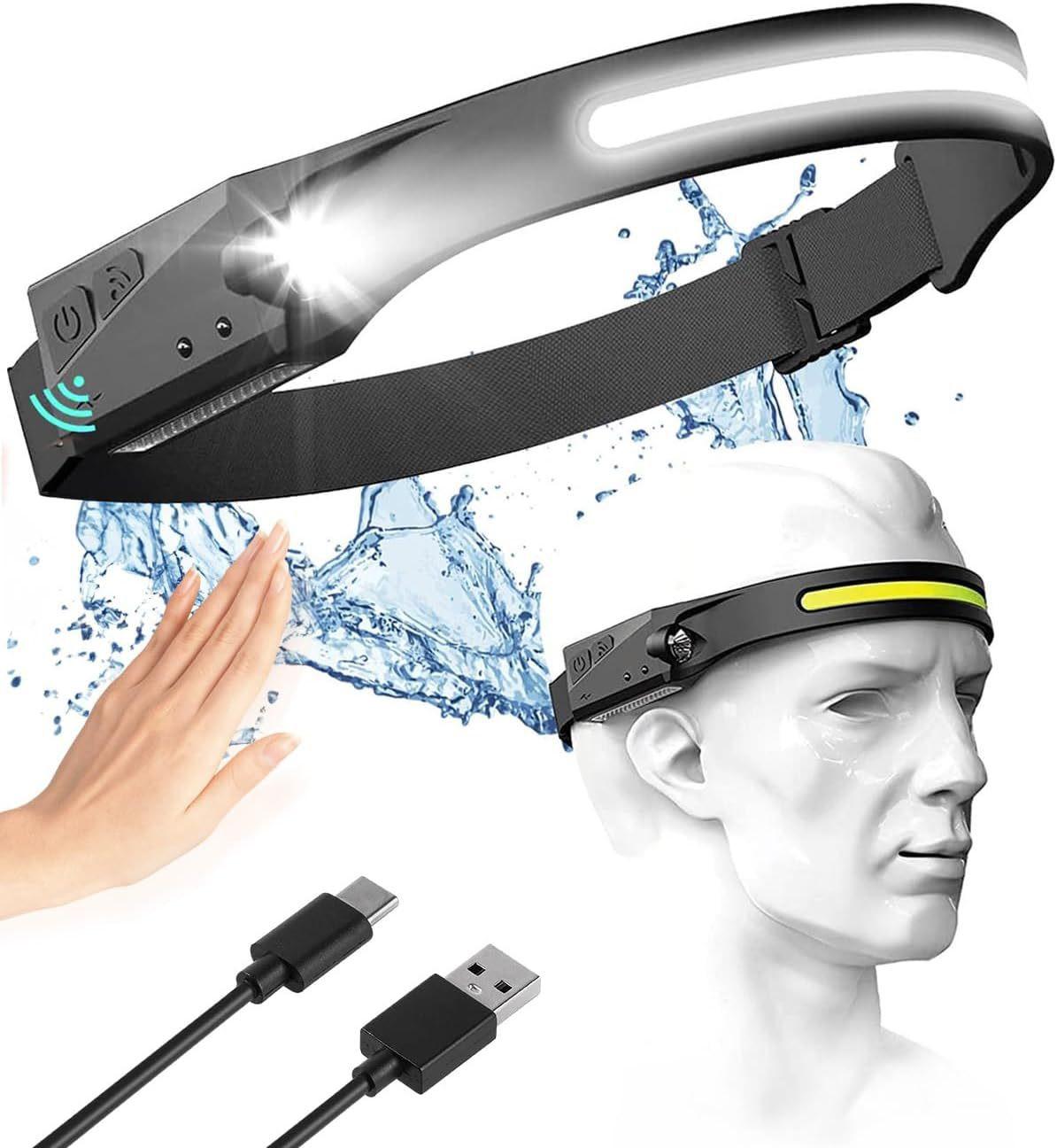 Adjustable High-Lumen Rechargeable COB LED Headlamp - 230Â° Wide Beam Head Torch with Wave Sensor for Camping, Hiking & Fishing.
