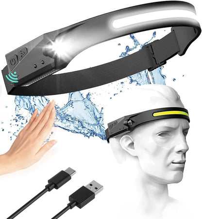 Adjustable High-Lumen Rechargeable COB LED Headlamp - 230Â° Wide Beam Head Torch with Wave Sensor for Camping, Hiking & Fishing.