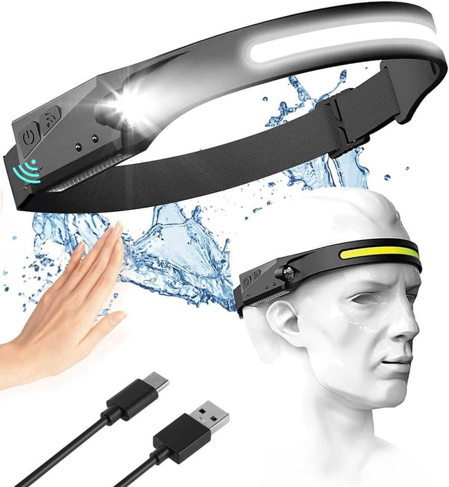Adjustable High-Lumen Rechargeable COB LED Headlamp - 230Â° Wide Beam Head Torch with Wave Sensor for Camping, Hiking & Fishing. Hover Image