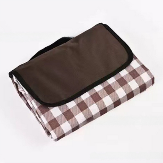 Coffee White Grid Foldable Waterproof & Moisture-Proof Picnic Blanket 150x100CM - 600D Three-Layer Composite Oxford Extra Large Mat for Beach & Camping.