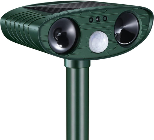 Classic Solar Powered Animal Repeller - PIR Sensor, Ultrasonic & Flashing Light Deterrent for Cats, Dogs, and Birds.