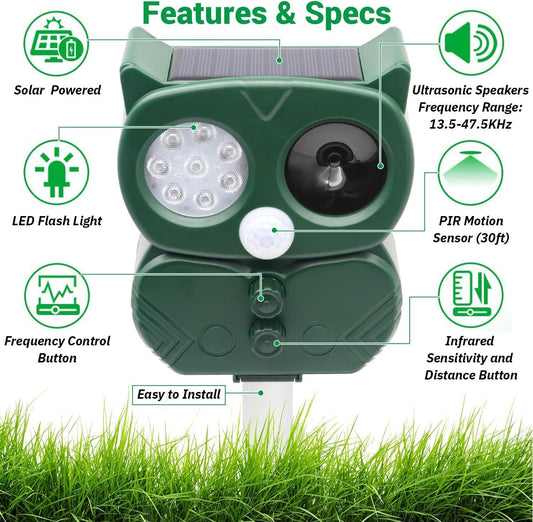 Model 704 Solar Powered Animal Repeller - High-Performance Ultrasonic & Optical Deterrent for Yard Protection.