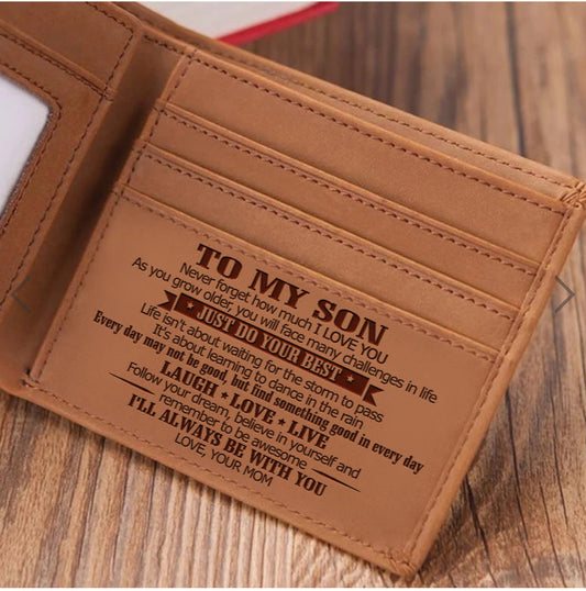 Style 1 To My Son Embossed Genuine Cowhide Leather Men's Wallet (Gift Giver: Love Mom) - Anti-Theft RFID Blocking - Personalized Dad & Mom Gift.