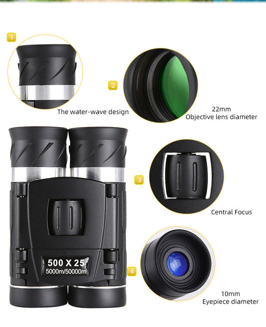 500x25 High Power HD Binoculars - Portable Concert Telescope with Phone Photography Capability, FMC Coated Optics.