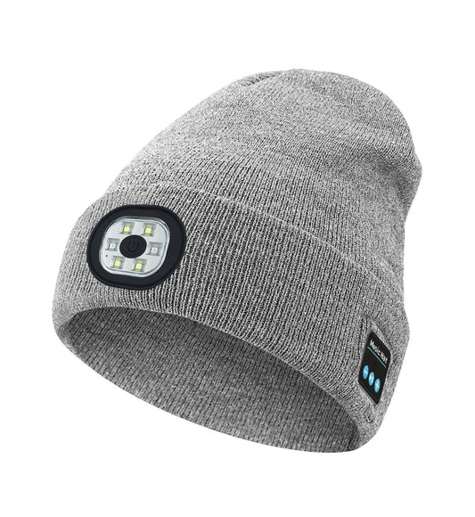 Light Grey Removable LED Bluetooth Headphone Beanie - Washable Knit Hat with 3-Level LED Illumination & Stereo Sound, USB Rechargeable.