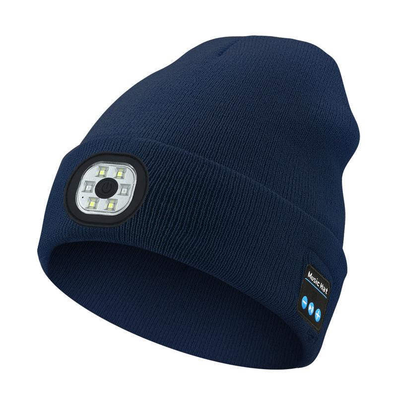 Dark Blue Removable LED Bluetooth Headphone Beanie - Washable Knit Hat with 3-Level LED Illumination & Stereo Sound, USB Rechargeable.