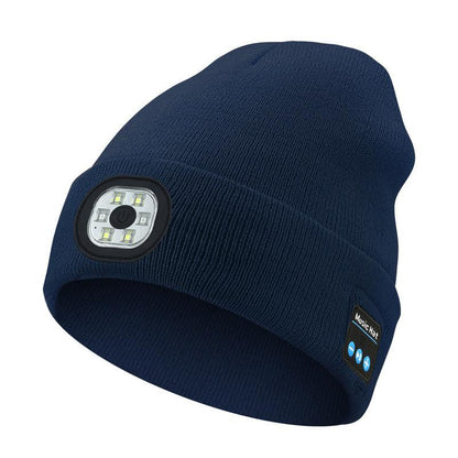 Dark Blue Removable LED Bluetooth Headphone Beanie - Washable Knit Hat with 3-Level LED Illumination & Stereo Sound, USB Rechargeable.