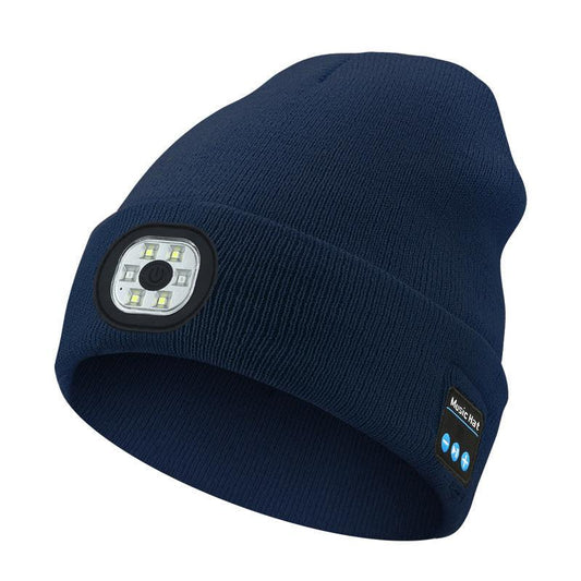 Dark Blue Removable LED Bluetooth Headphone Beanie - Washable Knit Hat with 3-Level LED Illumination & Stereo Sound, USB Rechargeable.