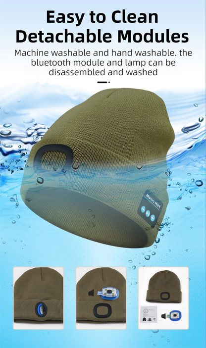 Dark Blue Removable LED Bluetooth Headphone Beanie - Washable Knit Hat with 3-Level LED Illumination & Stereo Sound, USB Rechargeable.