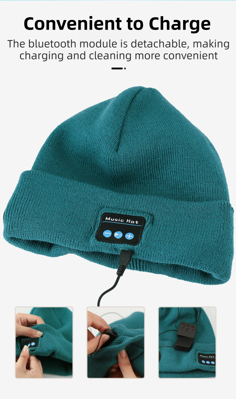 Dark Blue Removable LED Bluetooth Headphone Beanie - Washable Knit Hat with 3-Level LED Illumination & Stereo Sound, USB Rechargeable.