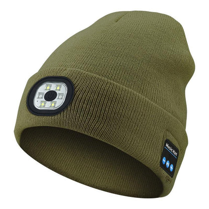 Green Removable LED Bluetooth Headphone Beanie - Washable Knit Hat with 3-Level LED Illumination & Stereo Sound, USB Rechargeable.