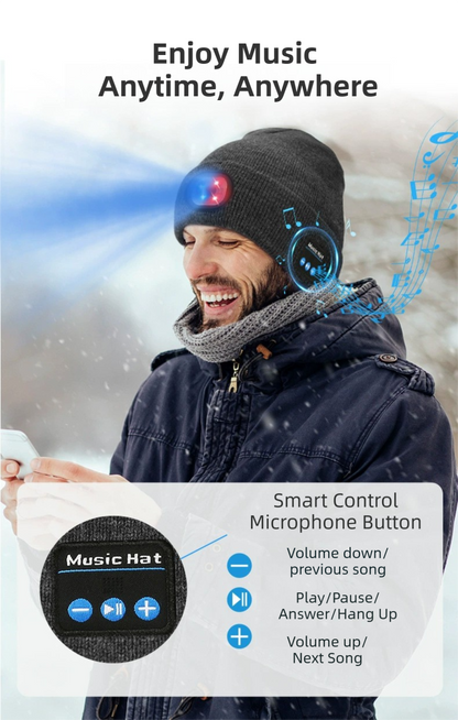 Green Removable LED Bluetooth Headphone Beanie - Washable Knit Hat with 3-Level LED Illumination & Stereo Sound, USB Rechargeable.